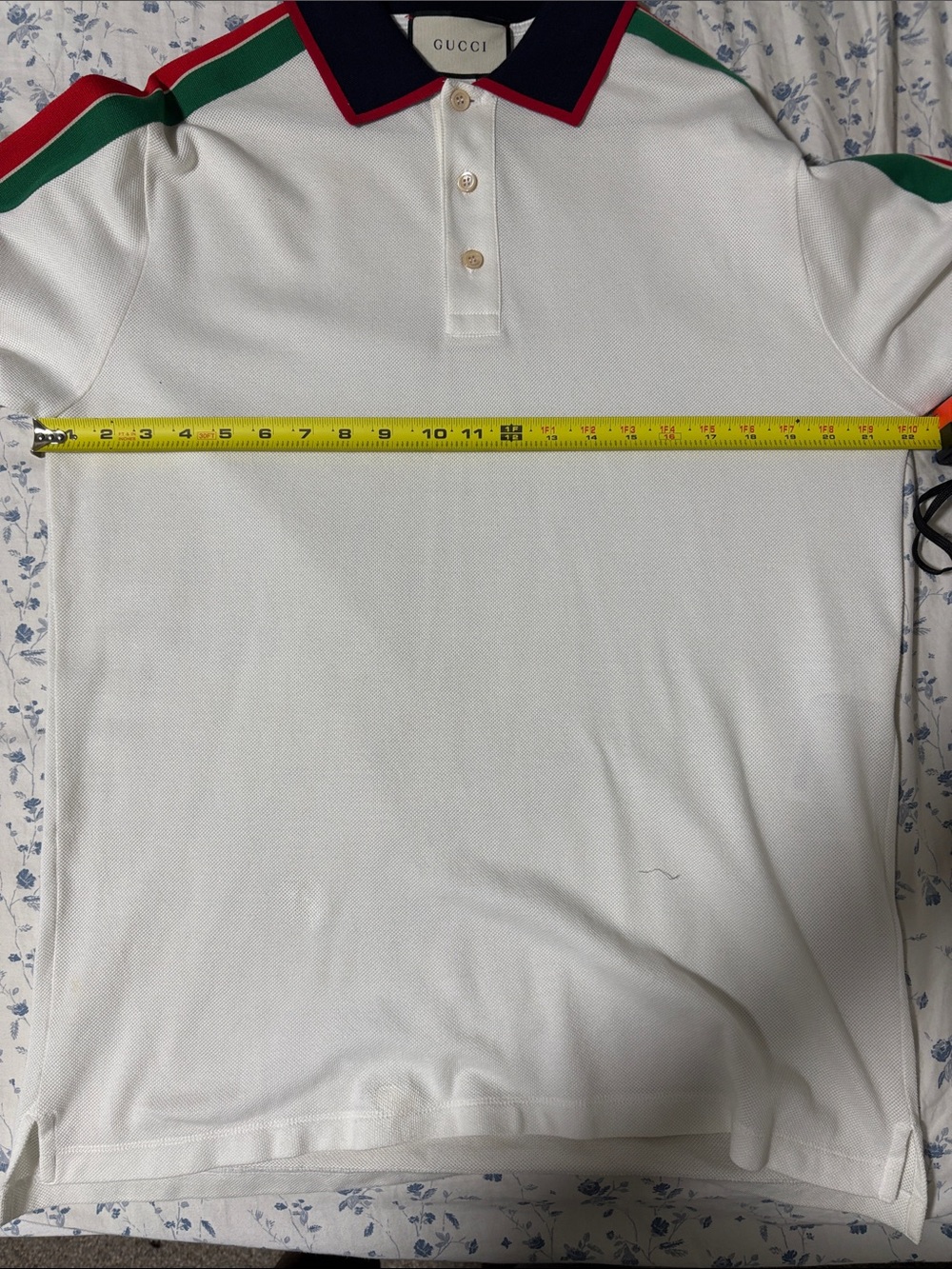 Gucci White Long Sleeve Polo with Green and Red Stripe Accents and Navy Collar - Picture 5 of 6